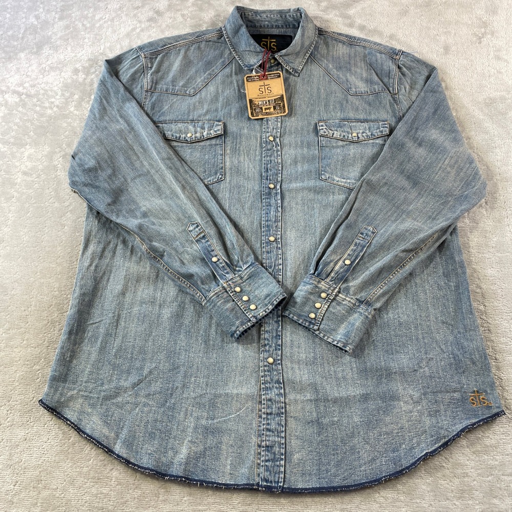 STS Ranchwear Denim Shirt Men 3XL Blue Western Pearl Snap Light Wash Flap Cowboy
